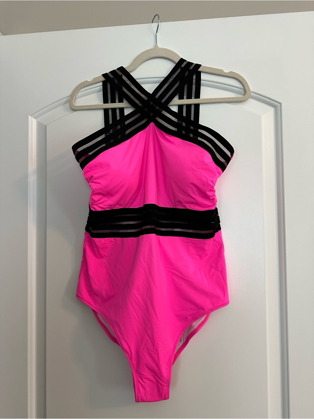 Hot Pink One-Piece Swimsuit with Black Strappy Accents